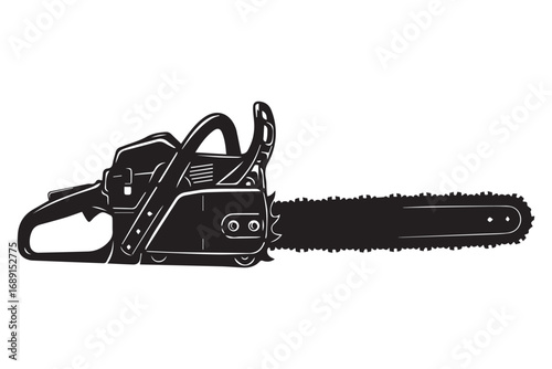 A black and white illustration of a chainsaw isolated on white background, showcasing its sharp blade and powerful engine in a detailed design
