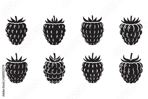 A monochrome illustration of eight raspberries isolated on white background, showcasing their unique texture and shape in a simple yet elegant design
