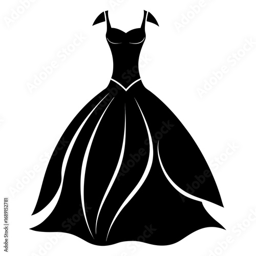Elegant Ball Gown Black Silhouette Vector Illustration on White Background