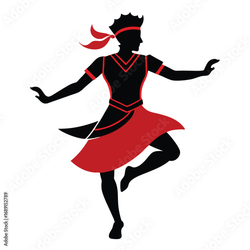 Silhouetted Dancer in Traditional Red Dress, Performing a Dynamic Dance