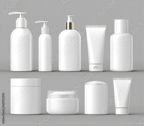 A digital rendering showcases eight pristine white cosmetic containers; various pump bottles, tubes, and jars, all uniformly styled against a neutral grey backdrop