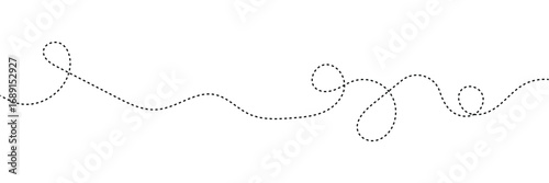 Hand drawn curve dotted line, Spiral dotted line hand drawn, Dotted lines path on white background. Travel dotted line trip dashed trace destination track plan and silhouette travelling symbol in eps.