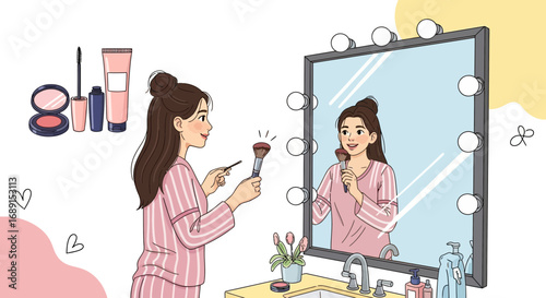 Cartoon woman applying makeup in front of a mirror with vanity lights illustration