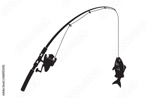 Fishing rod with a caught fish isolated on white background, representing angling, sport, recreation, and the thrill of the catch in outdoor activities
