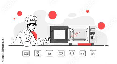Chef demonstrating a microwave oven functionality with modern design vector art