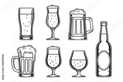 Collection of beer glasses and bottle isolated on white background, showcasing different shapes and styles for enjoying the perfect brew