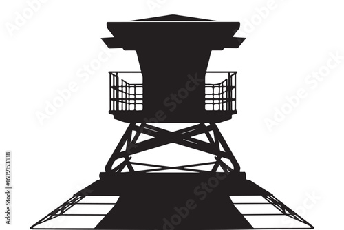 Silhouette of a lifeguard tower isolated on white background, capturing its architectural form and the essence of coastal safety and beach surveillance