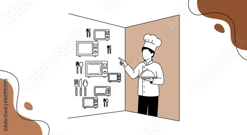 Chef pointing to microwave oven collection a whimsical kitchen appliance showcase minimal art style
