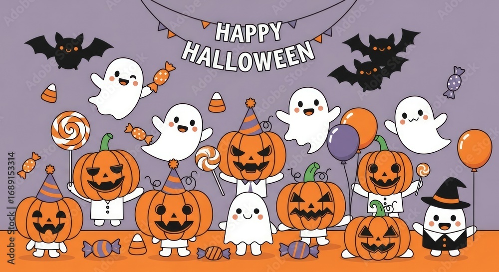 Obraz premium Happy Halloween scene with pumpkins, ghosts, bats, and candy for festive holiday celebrations