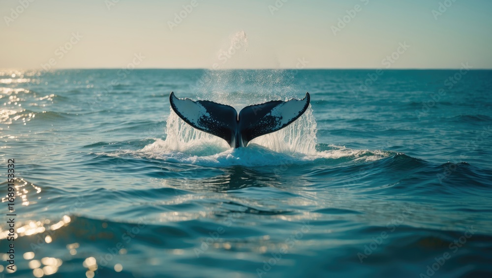 Fototapeta premium A whale's tail emerging from the ocean, with waves and a clear sky. Marine life and ocean scene, nature and wildlife, and the beauty of the sea.