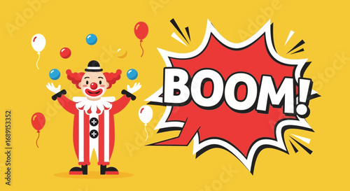 Colorful Clown Juggling Balls with Boom Explosion on a Vibrant Yellow Background