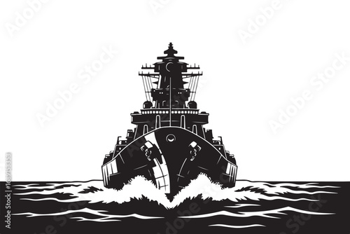 Battleship sailing on the sea isolated on white background, a powerful warship cutting through the waves with its imposing silhouette and strength