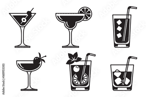 Collection of various cocktail drinks isolated on white background, showcasing a variety of beverages with unique garnishes and refreshing appeal