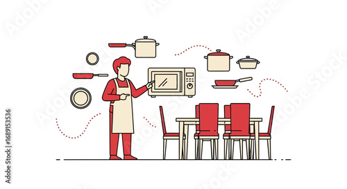 Conceptual illustration of a chef presenting kitchen appliances and dining furniture in a modern
