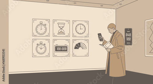 Conceptual illustration of a man interacting with digital information related to time management