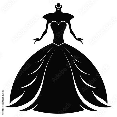 Simple Fashion Ball Gown Dress Black Silhouette Vector Design Isolated on White