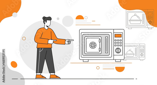 Conceptual illustration of a person presenting a microwave oven with a safe door design element