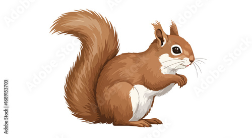 Detailed illustration of a brown squirrel with a bushy tail, standing on its hind legs, looking to the right.