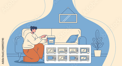 Conceptual illustration of a person sitting with coffee in front of microwave collection