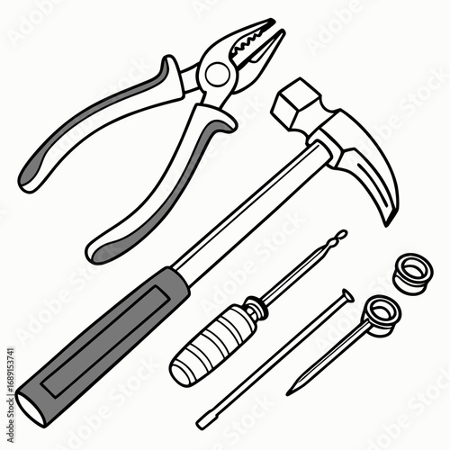 Black and White Illustration of Basic Hand Tools