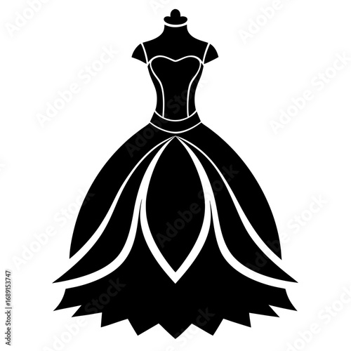 Simple Fashion Ball Gown Dress Black Silhouette Vector Design Isolated on White