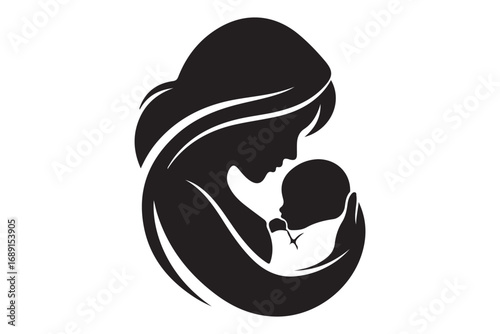 Silhouette of a mother tenderly holding her baby, isolated on white background, showcasing maternal love and the intimate bond between parent and child