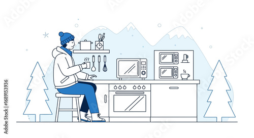 Cozy winter kitchen scene featuring a person enjoying a warm beverage with a mountain backdrop
