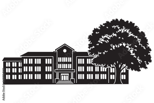 A black and white silhouette of a school building with a large tree isolated on white background, showcasing education and nature in harmony