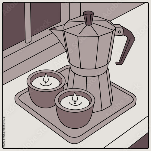 Cozy Still Life with Coffee Maker and Candles on Windowsill