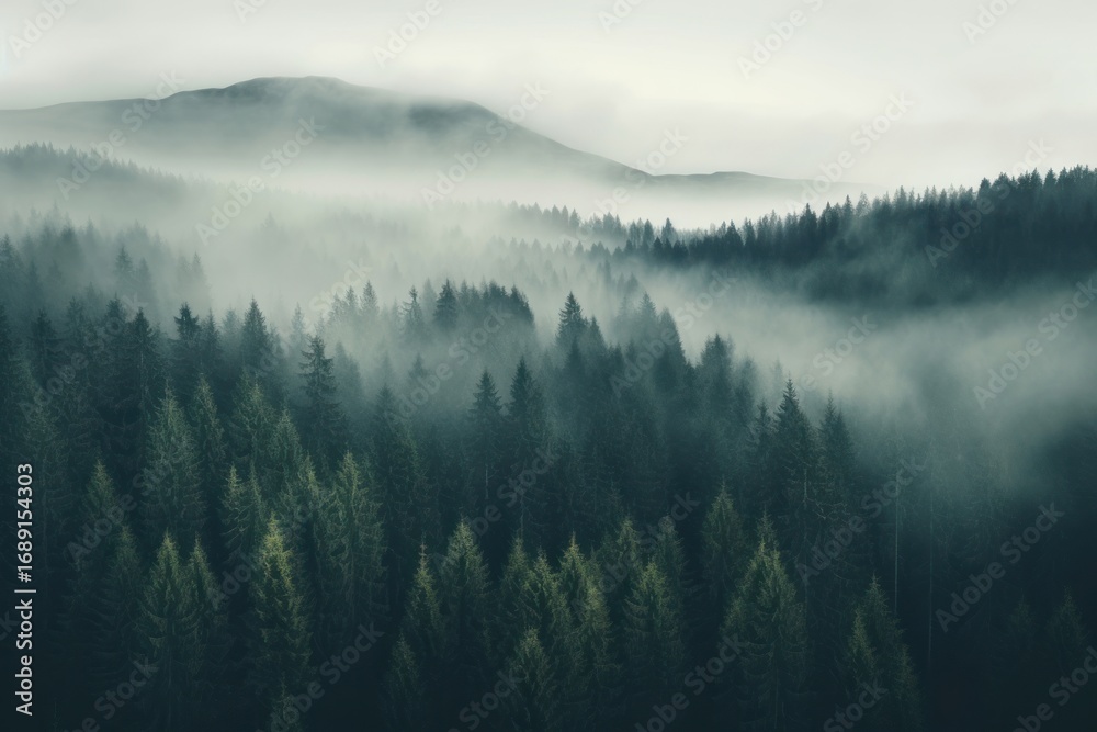 Fototapeta premium Foggy forest landscape nature trees mist.