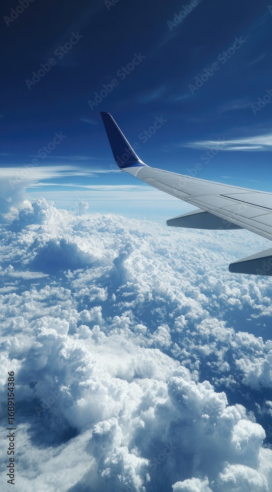 Obraz premium Airplane wing slicing through fluffy white clouds under a vivid blue sky, captured from inside the cabin