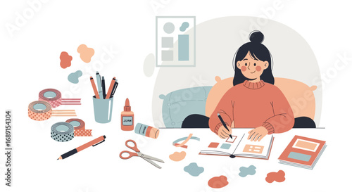 Creative young woman scrapbooking at home, a relaxing and inspiring hobby artwork