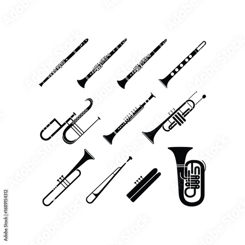 Collection of black silhouette wind musical instruments on white background