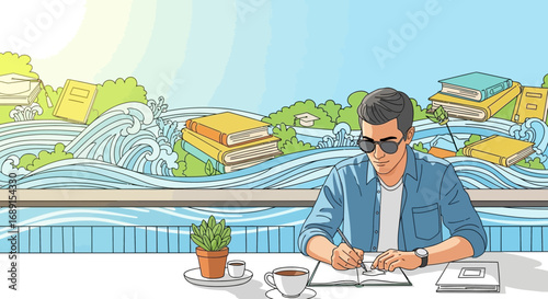 Creative workspace with a man sketching surrounded by books and imaginative scenery