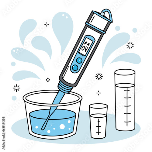 Digital Ph Meter Testing Water in Beaker Science Illustration