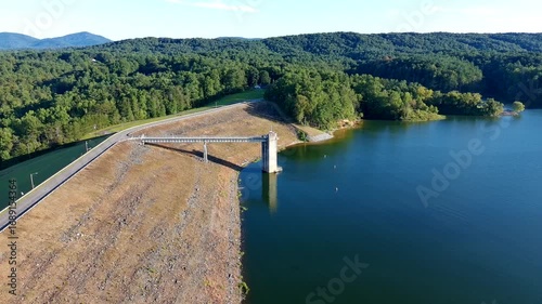 Drone Clip of an earthen dam in North Carolina on a bright sunny day