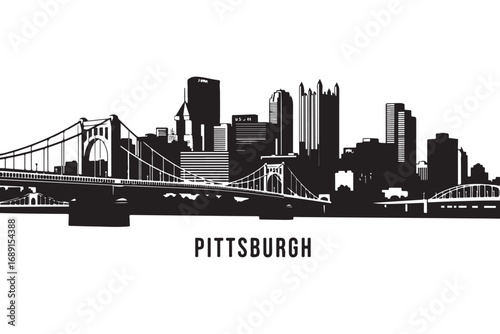 Pittsburgh pennsylvania skyline silhouette isolated on white background, showcasing the citys iconic buildings and bridges in a minimalist design