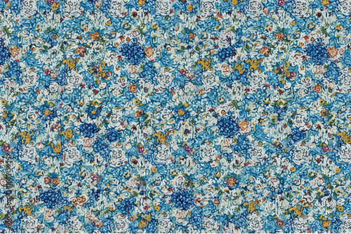 An intricate stereogram with a repeating floral pattern in shades of blue, white, yellow, and orange.