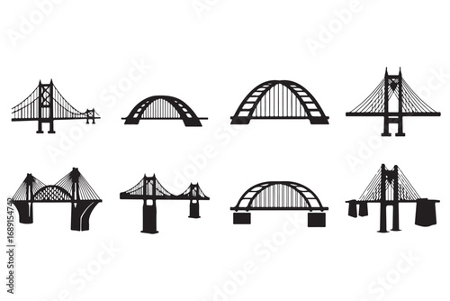 Collection of bridge silhouettes isolated on white background, showcasing various architectural designs and representing connection, transportation, and engineering marvels