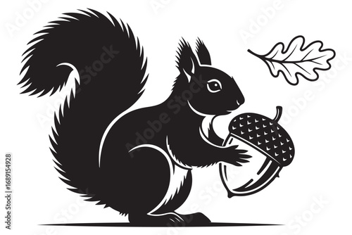 A charming black squirrel holding an acorn, accompanied by an oak leaf, set against a white background, isolated on white background