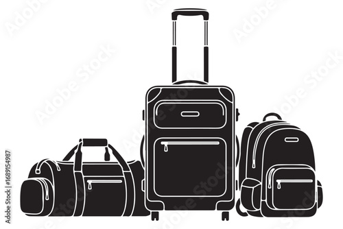 Travel bags isolated on white background featuring a suitcase, duffel bag, and backpack, ideal for vacation, business trip, or weekend getaway, all ready for adventure