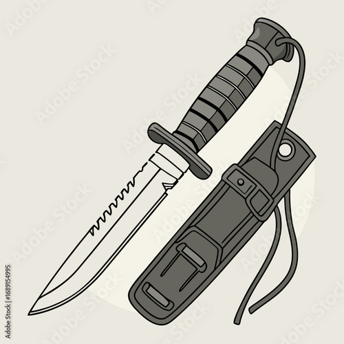 Gray Military Knife with Sheath Illustration