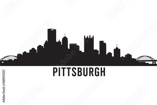 The iconic pittsburgh skyline silhouette, isolated on white background, capturing the citys architectural landmarks and urban landscape in a striking monochrome image