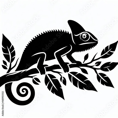 Detailed black silhouette of a chameleon perched on a leafy branch in a striking graphic style