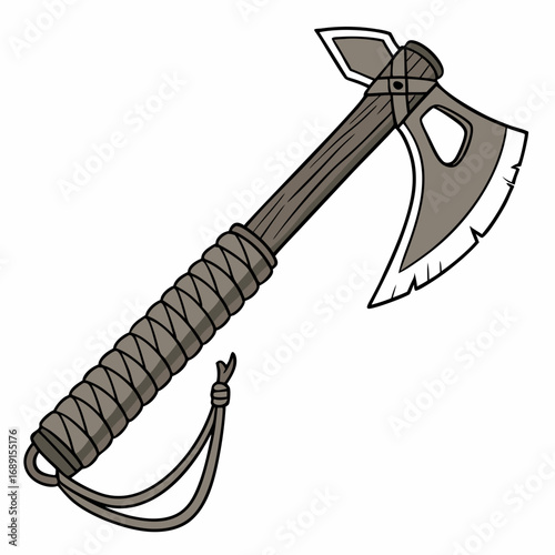 Grey and Brown Tomahawk Axe with Wrapped Wooden Handle Illustration