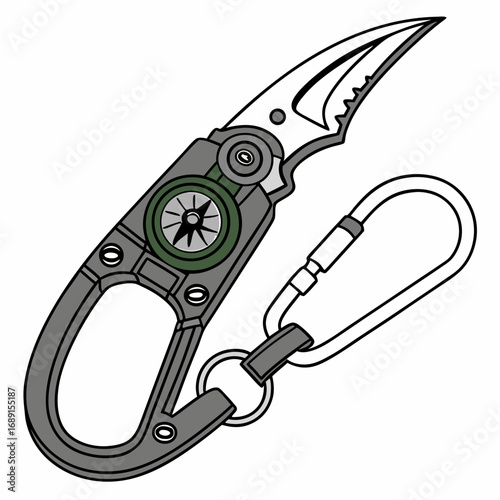Grey and Green Multitool Knife with Compass and Carabiner Clip