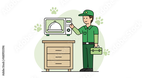 Cartoon illustration of a service technician repairing a microwave with food inside on a table