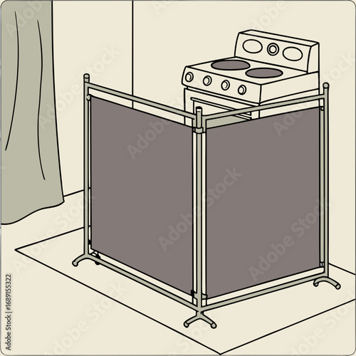 Grey Fabric Room Divider with Metal Frame near Beige Wall and Stove
