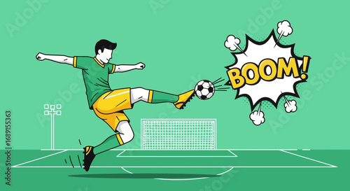 Dynamic cartoon illustration of a soccer player kicking a ball with boom effect showcasing action