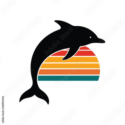 Dolphin Jumping with Retro Sunset Stripes silhouette